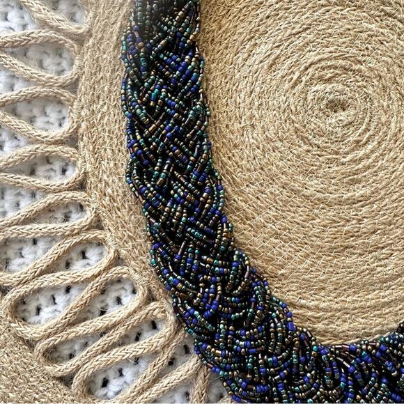 Macy's NWT Turquoise Blue Iridescent Heavily Beaded Braided Statement Necklace - Picture 5 of 8